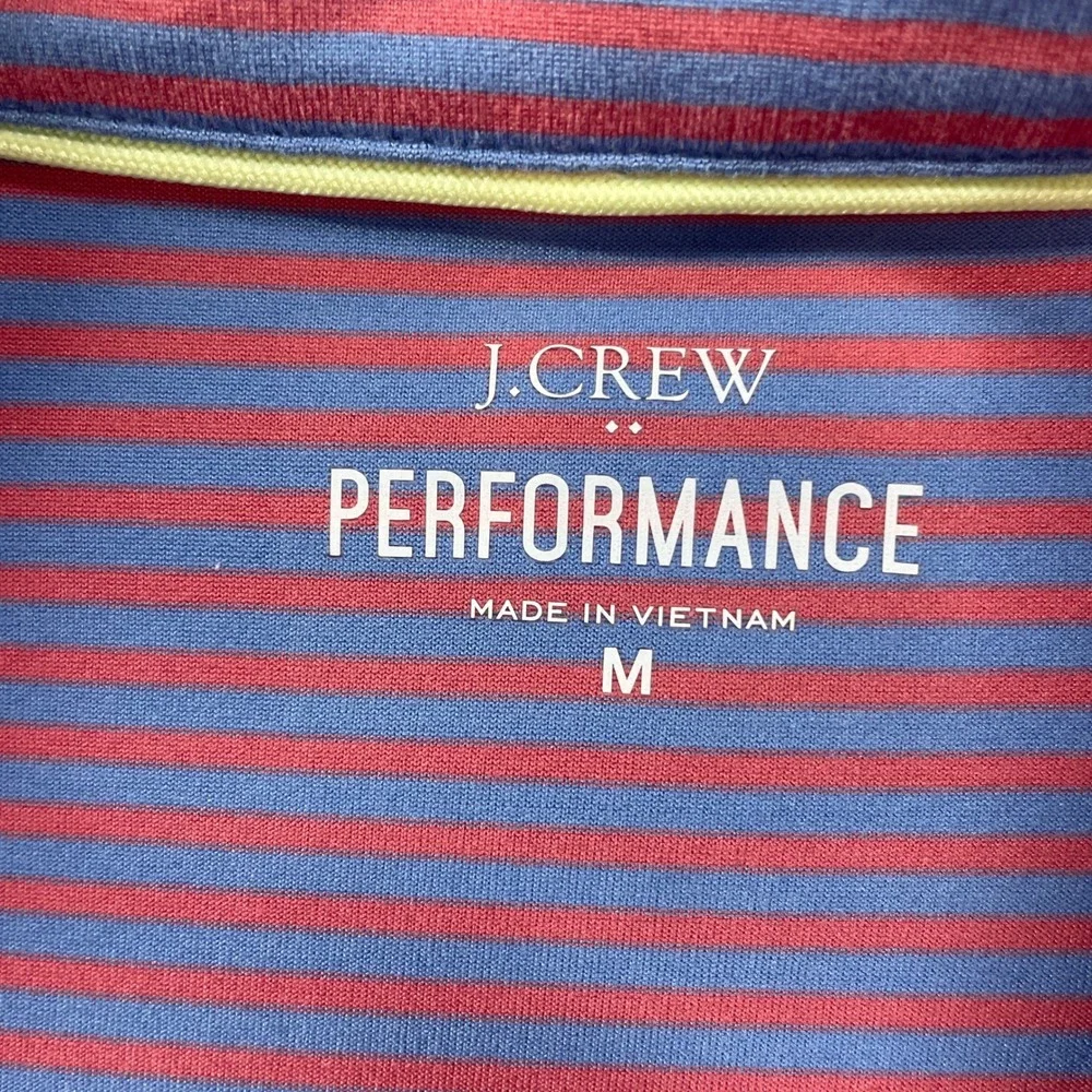 J Crew Performance Mens Polo Shirt M Blue and Red Striped Short Sleeve Golf
